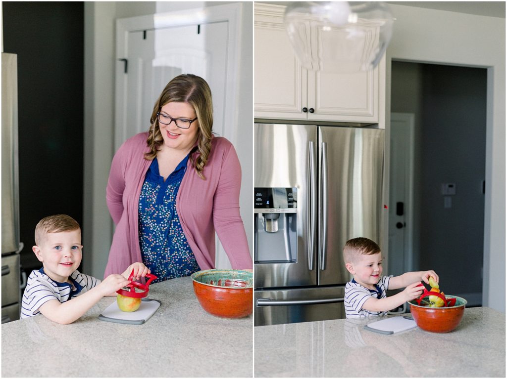 Mom and son cooking in the kitchen together in Newnan, Georgia during a family session.