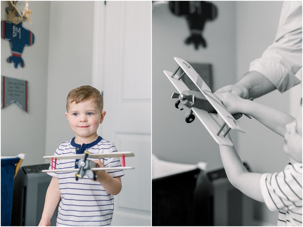 Family photographer captures little boy playing with a model airplane in Newnan, Georgia
