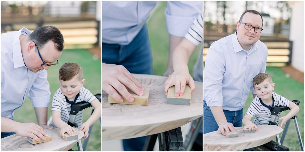 Son helps dad with woodwork while photographer captures the moment