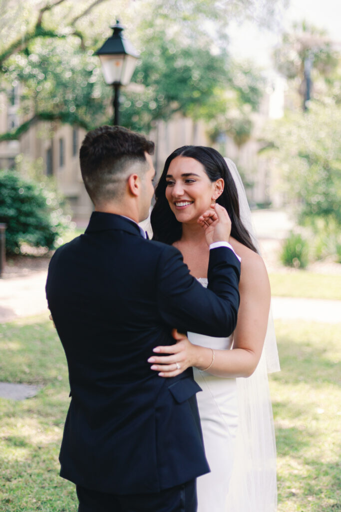 Bride and Groom Portraits during their rainy Savannah Wedding