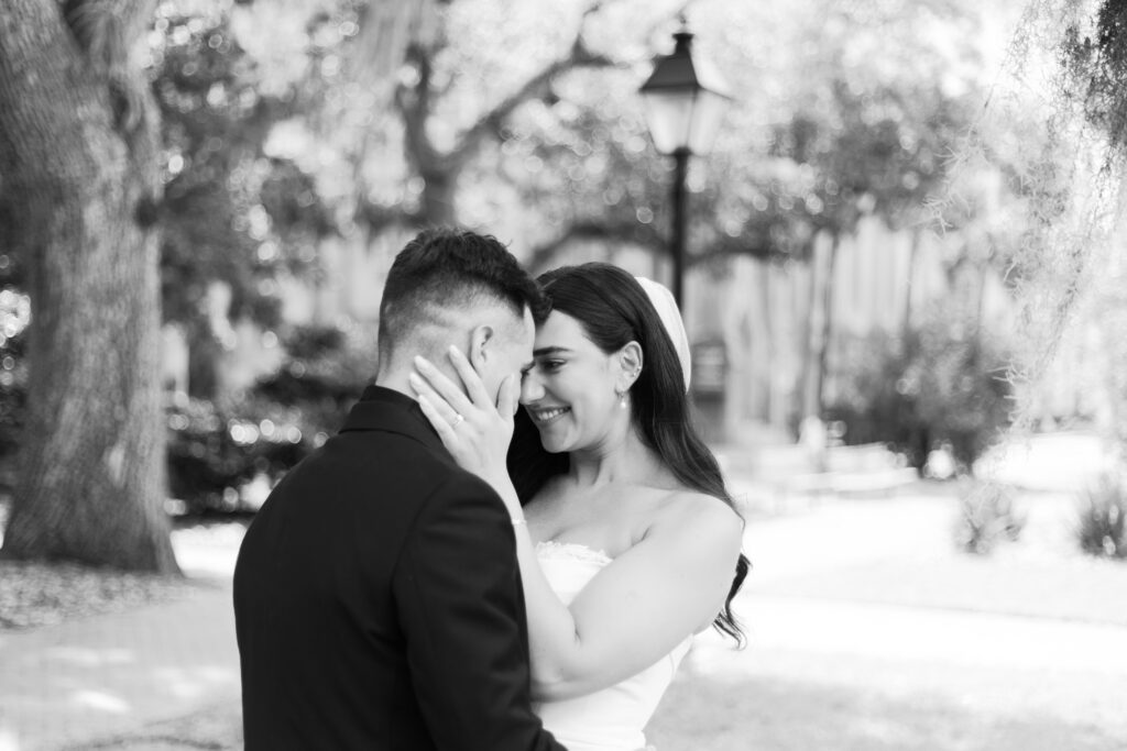 Bride and Groom Portraits during their rainy Savannah Wedding